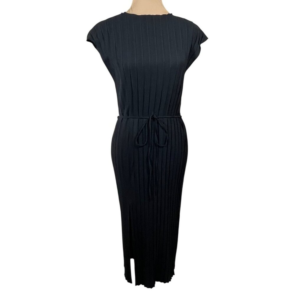 Zara Black Ribbed Midi Dress with Waist Tie